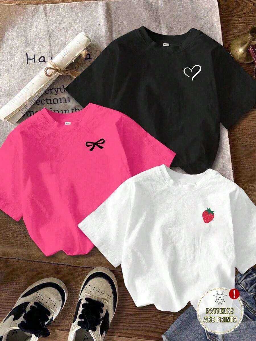 Set de 3 camisetas cortas de mujer de manga corta y cuello redondo con estampados minimalistas casuales de corazón, lazo y fresa - Multicolor 3 - Ver 1