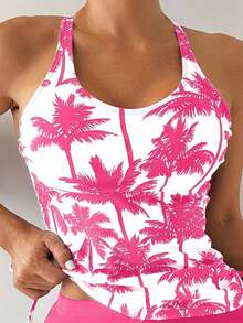 Bikini Estilo Chaleco Estampado Con Palmeras Para Mujer, Para Carnaval - Rosa Fucsia - Ver 3