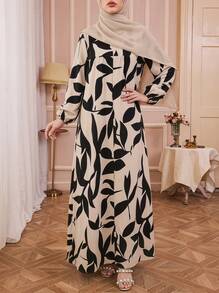 Đầm dài dáng rộng kiểu Ả Rập tay phồng in họa tiết cây cỏ dành cho nữ, kiểu Kaftan kín đáo, thích hợp mặc mùa xuân. - Nhiều màu - Xem 1
