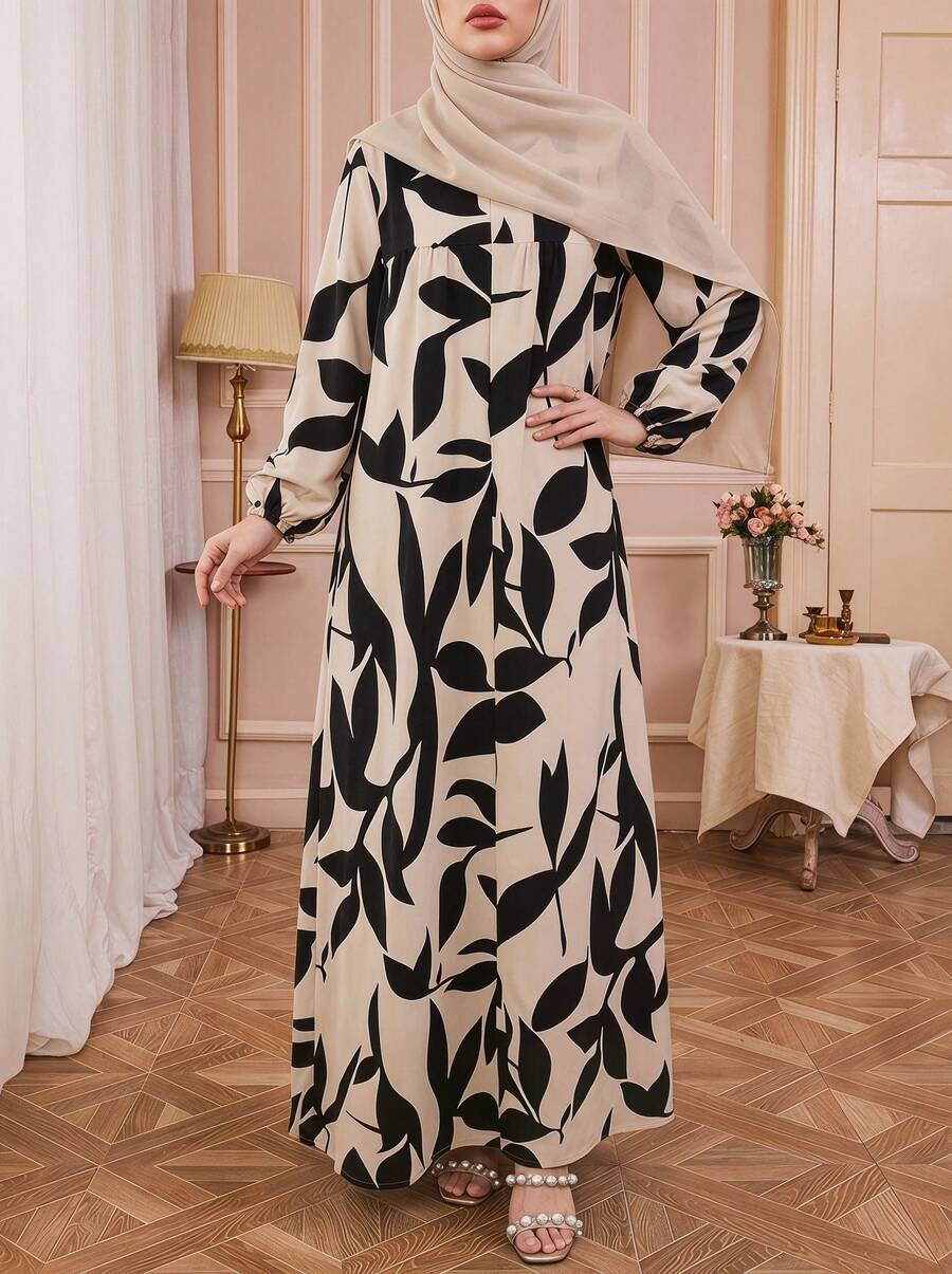 Đầm dài dáng rộng kiểu Ả Rập tay phồng in họa tiết cây cỏ dành cho nữ, kiểu Kaftan kín đáo, thích hợp mặc mùa xuân. - Nhiều màu - Xem 1