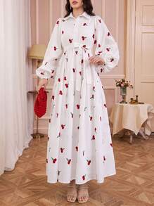 Đầm dài tay in họa tiết thanh lịch, thích hợp cho mùa xuân và mùa thu, dành cho nữ, chất liệu polyester, không co giãn, có thể giặt máy, phù hợp cho mọi mùa, phong cách thường ngày. - trắng - Xem 1