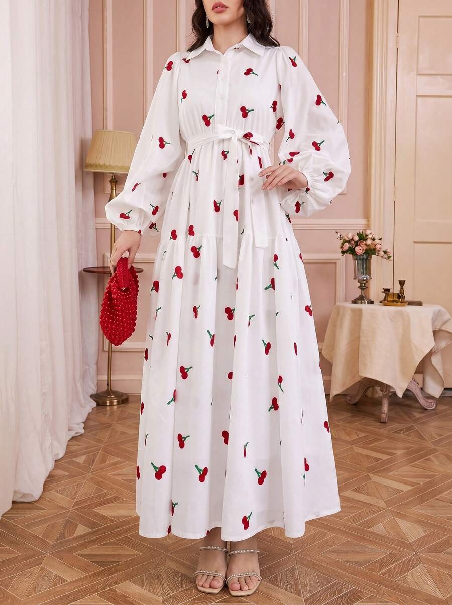 Đầm dài tay in họa tiết thanh lịch, thích hợp cho mùa xuân và mùa thu, dành cho nữ, chất liệu polyester, không co giãn, có thể giặt máy, phù hợp cho mọi mùa, phong cách thường ngày. - trắng - Xem 1