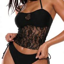 Women's Summer Beach Contrast Lace Halter Tie Sexy Tankini Swimsuit Set - Negro - Ver 3