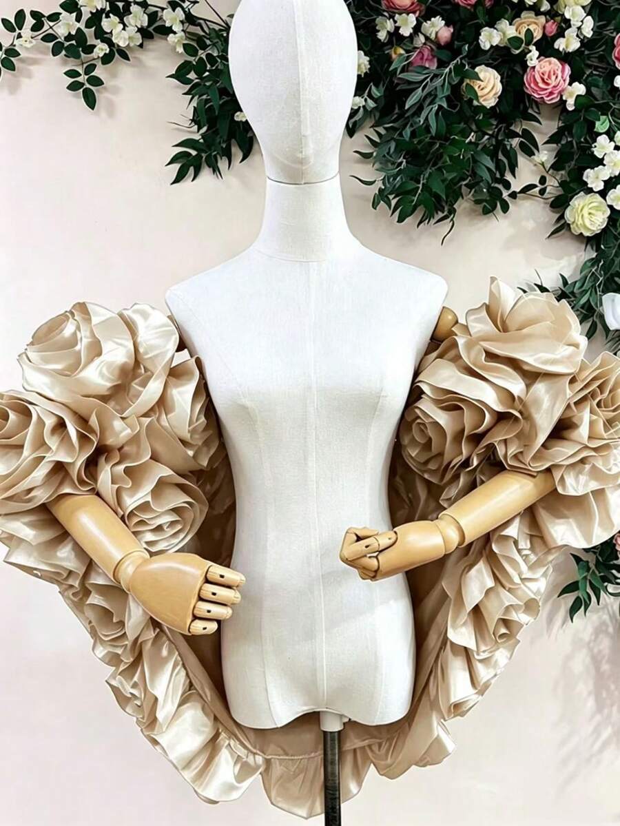 European And American Style Handmade 3D Floral Shawl/Capelet, Elegant Accessory For Evening Gown, Pink & Red,Festival,Party - Khaki - View 1