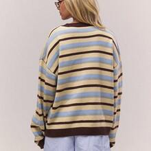 Oversized Button Through Drop Shoulder Knitted Stripe Jumper , , Old Money, Cute, Country, Cottage Core, Casual Lounge Cardigan For Women Butterscotch Work Office Winter Chic Spring Sweater Vacation - Verde militar - Ver 4