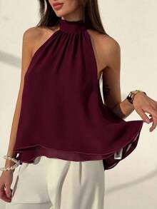 Camiseta sin mangas de gasa con cuello halter, fruncida y con línea A, de estilo bohemio minimalista y sexy, color morado berenjena, para primavera/verano - Burdeos - Ver 8