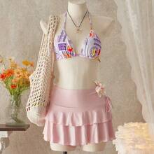 Swim Mod Women's Summer Beach Moon Print Halter Neck Tie Bikini Top - Multicolor - Ver 8