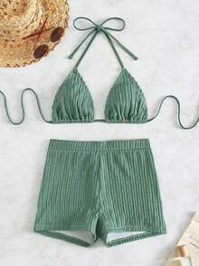 2 piezas Conjunto de bikini de unicolor con textura, tipo halter, adecuado para vacaciones de verano en la playa - Verde Oliva - Ver 3