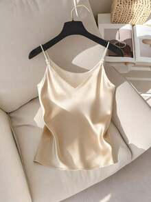 Elegante camiseta de satén con escote en V francés delicado y decoración de perlas, adecuada como prenda de superposición para mujeres - Albaricoque - Ver 3