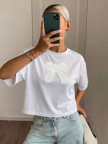 Blusa casual de verano para mujer con cuello redondo, manga corta suelta y 3D plisada con flor - Blanco 2 - Ver 3