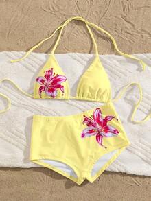 Traje de baño con estampado floral de moda: Top de bikini tipo camiseta con estampado de loto negro + Bottom de traje de baño de talle alto - Conjunto de traje de baño elegante y cómodo para vacaciones de verano, playa y uso en resort en color rojo - Amarillo claro - Ver 4
