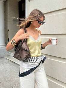 Camiseta de tirantes de mujer de verano casual con estampado de lunares y parches de encaje - Amarillo claro - Ver 3