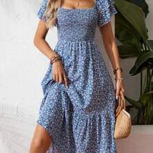 Square Neck Ditsy Floral Casual Summer Short Sleeve Dress Maxi Vacation Beach Outfits Women - Azul - Ver 1