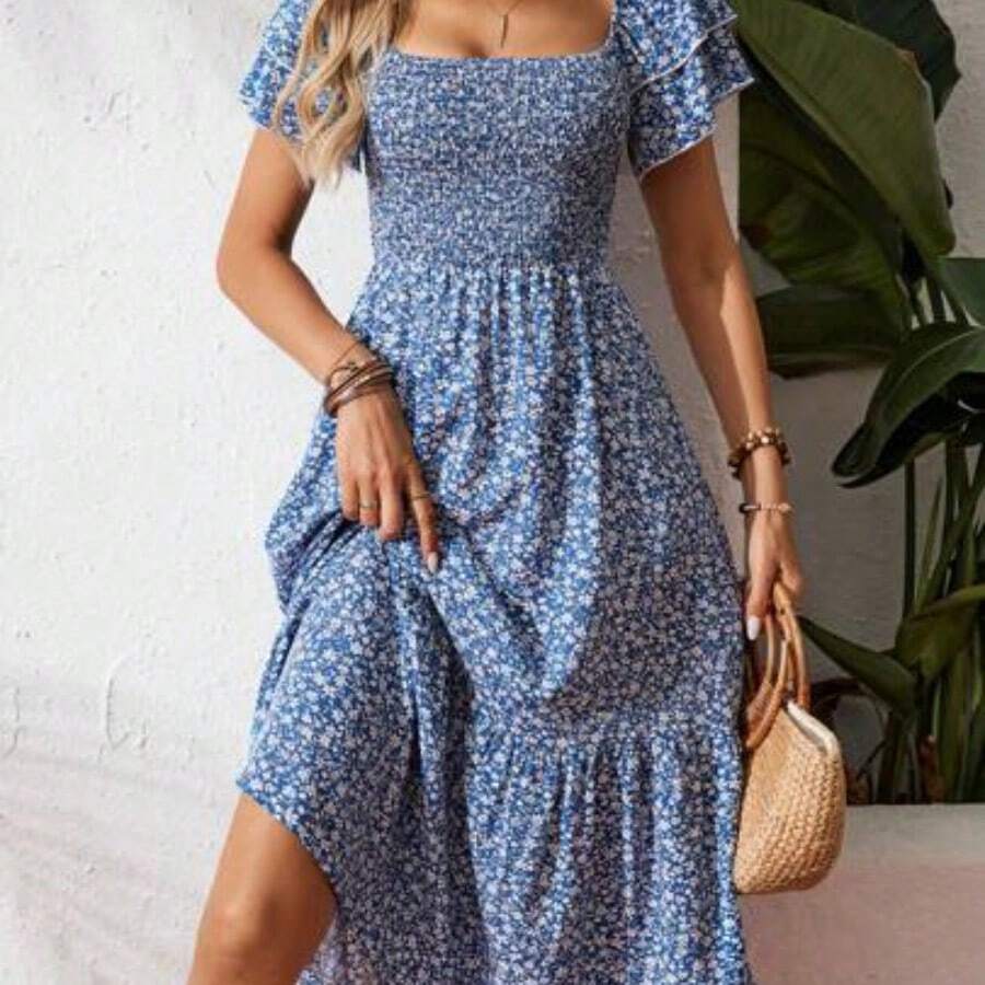 Square Neck Ditsy Floral Casual Summer Short Sleeve Dress Maxi Vacation Beach Outfits Women - Azul - Ver 1