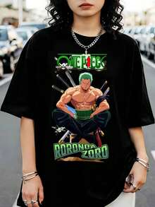 One Piece Roronoa Zoro Svärdsman Sittande T-shirt, Grafisk T-shirt, Streetwear för Zoro-fans - Svart - Visa 6