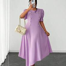 Vestido elegante de color liso con cuello redondo, manga corta, dobladillo irregular, manga abullonada, dobladillo de pañuelo, cintura ceñida, con acento de hebilla de metal, adecuado para vacaciones, informal, viajes diarios, diseño de moda, talla pequeña a grande, vestido largo largo Vestido lavanda para mujer Vestido elegante morado Mujer - Púrpura - Ver 7