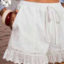 Women's Cotton Casual Hollow Out Embroidery Ruffle Hem Shorts,Suitable For Daily Wear,Vacation ,Beach Shorts, Vacation Outfits Women ,Beach Outfits For Women,Spring/Summer - Blanco - Ver 2