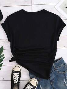Playera mujer 1 pieza, casual regular para mujer, playera de manga corta con estampado de corazón de México para mujer, playera de manga corta con estampado de corazón, cómoda y casual para mujer, top negro para mujer, ropa casual diaria de primavera y verano. - Negro - Ver 2