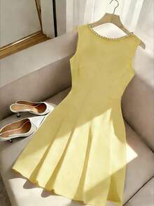Vestido sin mangas con lazo decorativo con cuentas y espalda descubierta para mujer en color rojo - Amarillo - Ver 2