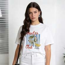 Women's Summer Clothing, Soft And Casual Cotton T-Shirt With Round Neck, Printed With A Lemon Slice And Oyster Design In Watercolor Texture, Oyster Club Font. White. - 白色 - 查看 3