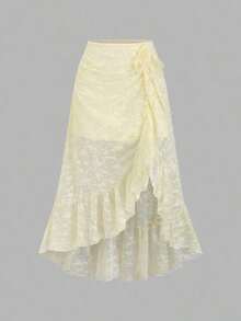 Falda de estilo vintage de palacio con dobladillo alto y bajo, de encaje floral blanco, para primavera/verano, con cordón, volantes y volados, falda de fiesta, falda de estilo bohemio - Blanco - Ver 7