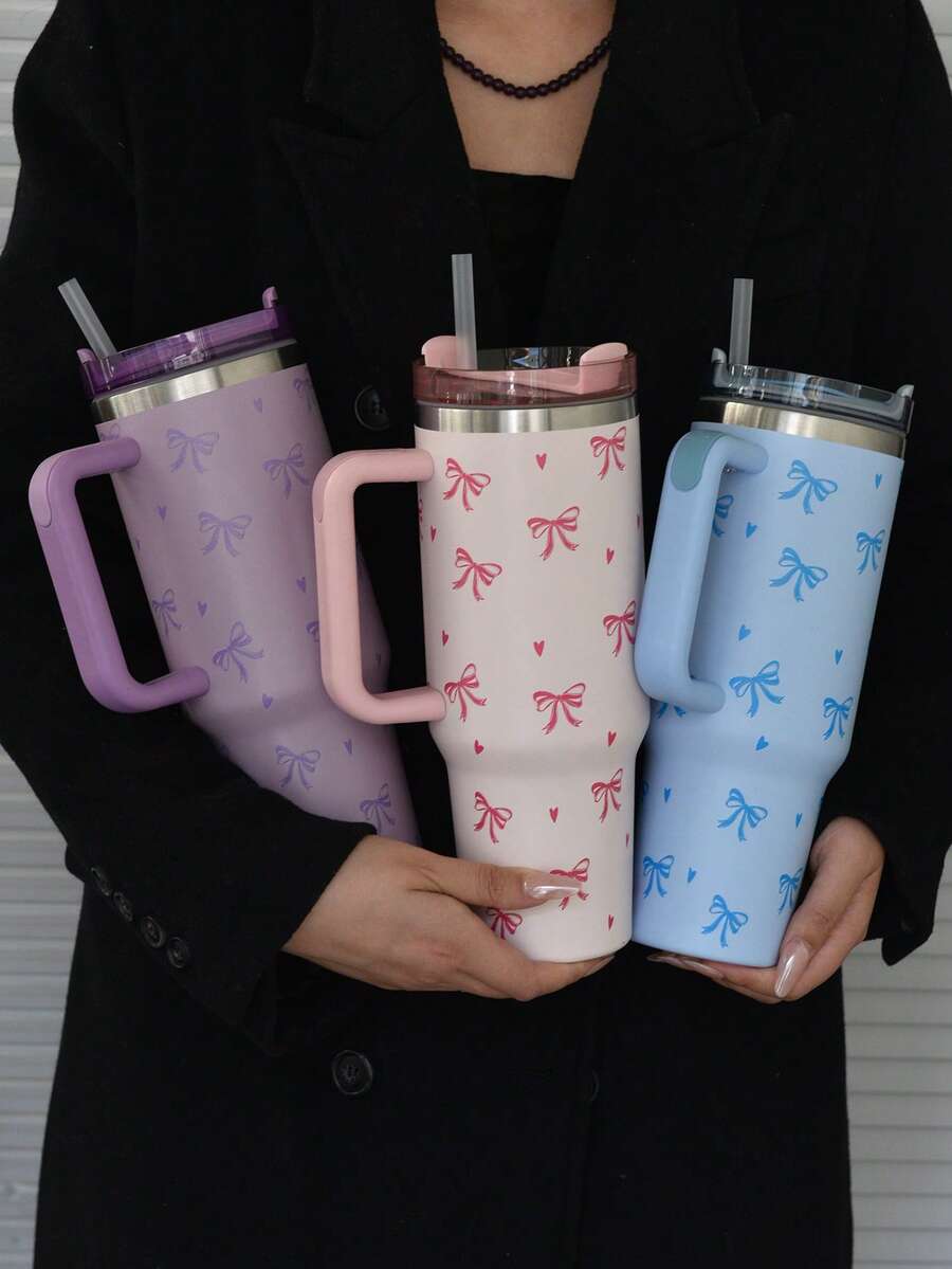 1個/1套 40oz-14oz 大容量鋼製真空保溫杯附手把、杯子與刷子組，愛心與蝴蝶結裝飾，304不鏽鋼內膽與201不鏽鋼外殼，雙層真空設計，多色噴漆戶外便攜杯，冷熱保溫，附PP吸管，適用於汽車、學校、辦公室、戶外、健身房與居家，女性、青少年、母親節、節日與生日的理想禮物，刷子、吸管與矽膠墊配件可一起購買，畢業禮物，杯子、咖啡杯、馬克杯、保溫水瓶