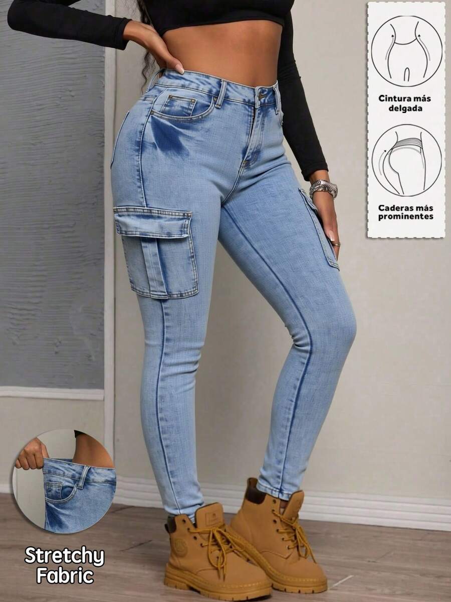 Skinny Cargo Jeans, Washed, Stretchy, With Multiple Pockets, Butt-Lifting Effect, Tummy Control And Fitted Cuffs - Light Wash - View 1