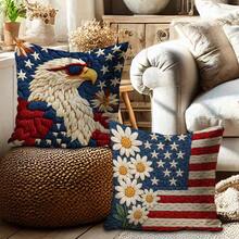 Set Of 4 American Flag Bald Eagle & Daisy Single-Sided Print Pillow Covers, Crisp 2D Printed (Non-Embroidered), Soft Polyester Cushion Cases, 45x45cm,Zipper Closure, Machine Washable, For 4th Of July Patriotic Home Decor (Pillow Insert Not Included) - Multicolor - View 5