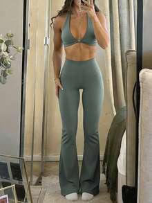 GAOVOT Women's Sports Two Pieces Summer Sexy Tank Top Paired With A High Waist-Hip Flared Trotter Suit Is Suitable For Yoga Gym - Gray Green - View 9