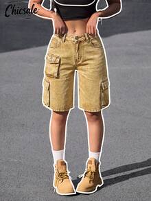 Quần short denim ống rộng dáng rộng, đa năng dành cho nữ. - màu nâu - Xem 1