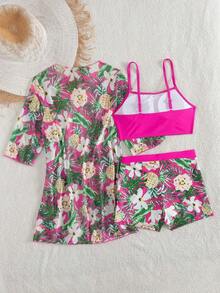 Conjunto de playa de 3 piezas para mujer: top de bikini corto negro, kimono de malla y shorts - Multicolor 8 - Ver 5