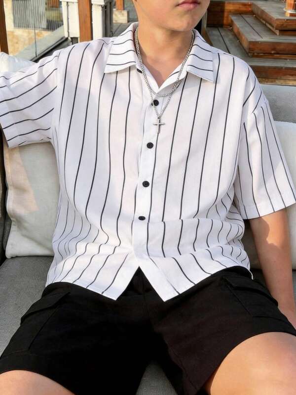 2pcs/Set Teen Boys Fashion Casual Striped Shirt & Minimalist Cargo Shorts Set, Suitable For Summer