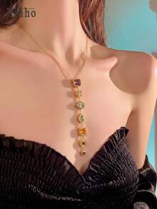 Hihho 1 chiếc vòng cổ mặt dây chuyền đá quý nhiều màu sắc phong cách Bohemian cổ điển, thiết kế độc đáo, mạ vàng, hình chữ Y đa năng, phù hợp cho công sở, quà tặng sinh nhật cho bạn gái. - Vàng - Xem 7