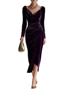 New Women's Long Dress, Made Of Shiny Velvet, Casual And Sexy Style, Long Sleeves, Pleated, Side Slit, Mermaid Cut, Flattering Design, Perfect For Parties And Special Nights - 深紫色 - 查看 2