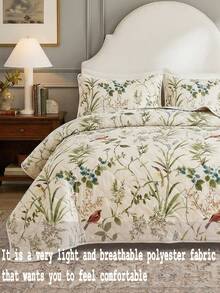 3pcs Floral & Leaf Print Polyester Bedspread Set (1 Bedspread + 2 Pillowcases, Pillow Inserts Not Included), Soft & Skin-Friendly For Daily Use, Lightweight Polyester Fabric, Suitable For Master Bedroom, Guest Room, All Seasons, Great Gift, Reversible, Neutral Tones, Luxurious Home Textile, Can Be Used As Home Decor Gift, Comfortable Bedroom Upgrade - Multicolor - View 6