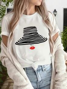 Camiseta de manga corta y cuello redondo con un estampado de una mujer con sombrero - Blanco - Ver 2