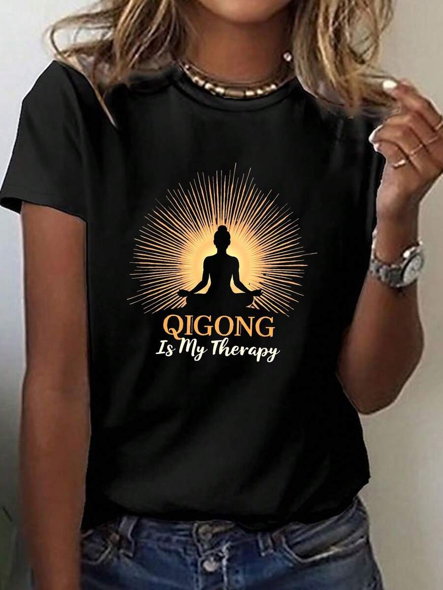 Camiseta premium de Qigong con estampado "Estoy Relajada", de manga corta y cuello redondo, ropa casual esencial para mujer en primavera y verano. - Negro - Ver 1