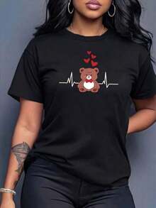 100% cotton Camiseta Casual Negra de Manga Corta con Cuello Redondo para Mujer, con Estampado de Oso y Latidos del Corazón, Largo Regular, - Negro - Ver 1