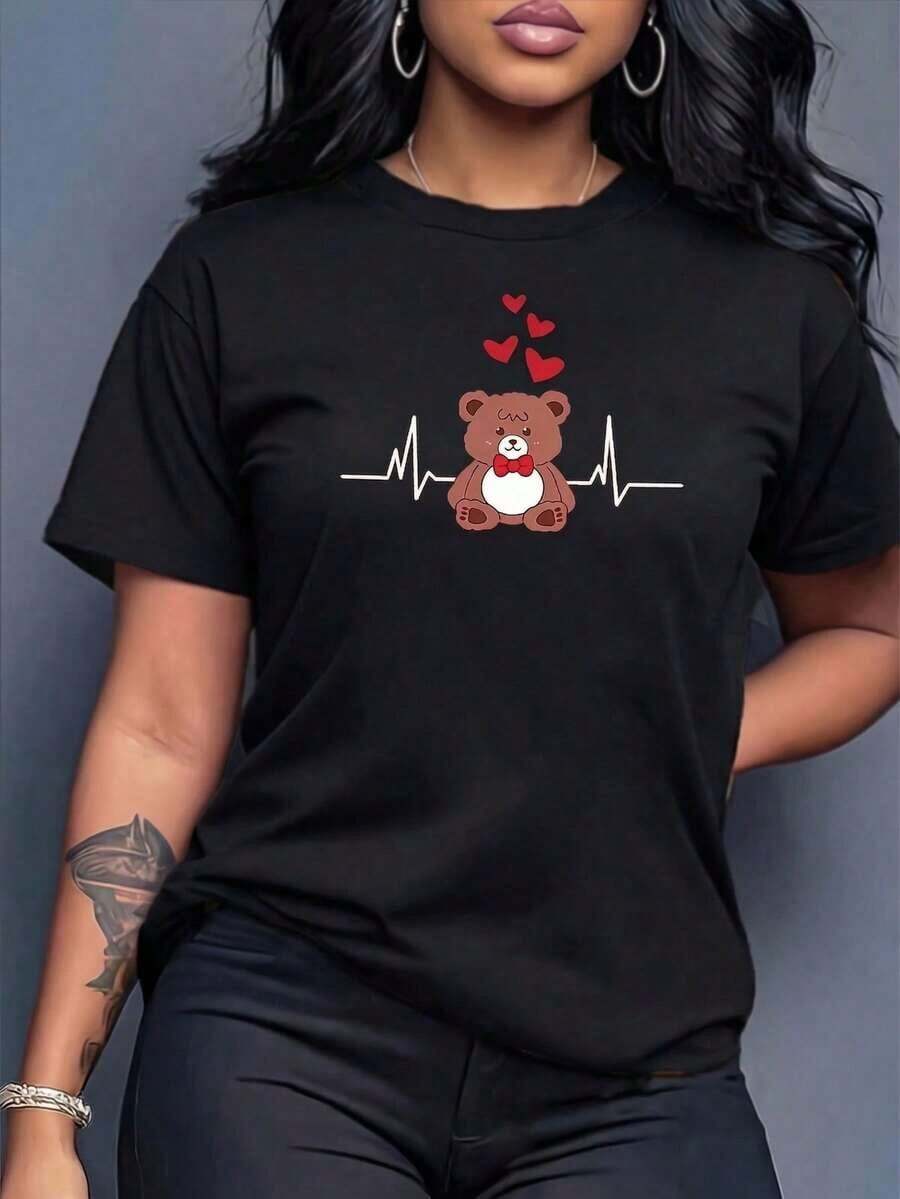 100% cotton Camiseta Casual Negra de Manga Corta con Cuello Redondo para Mujer, con Estampado de Oso y Latidos del Corazón, Largo Regular, - Negro - Ver 1