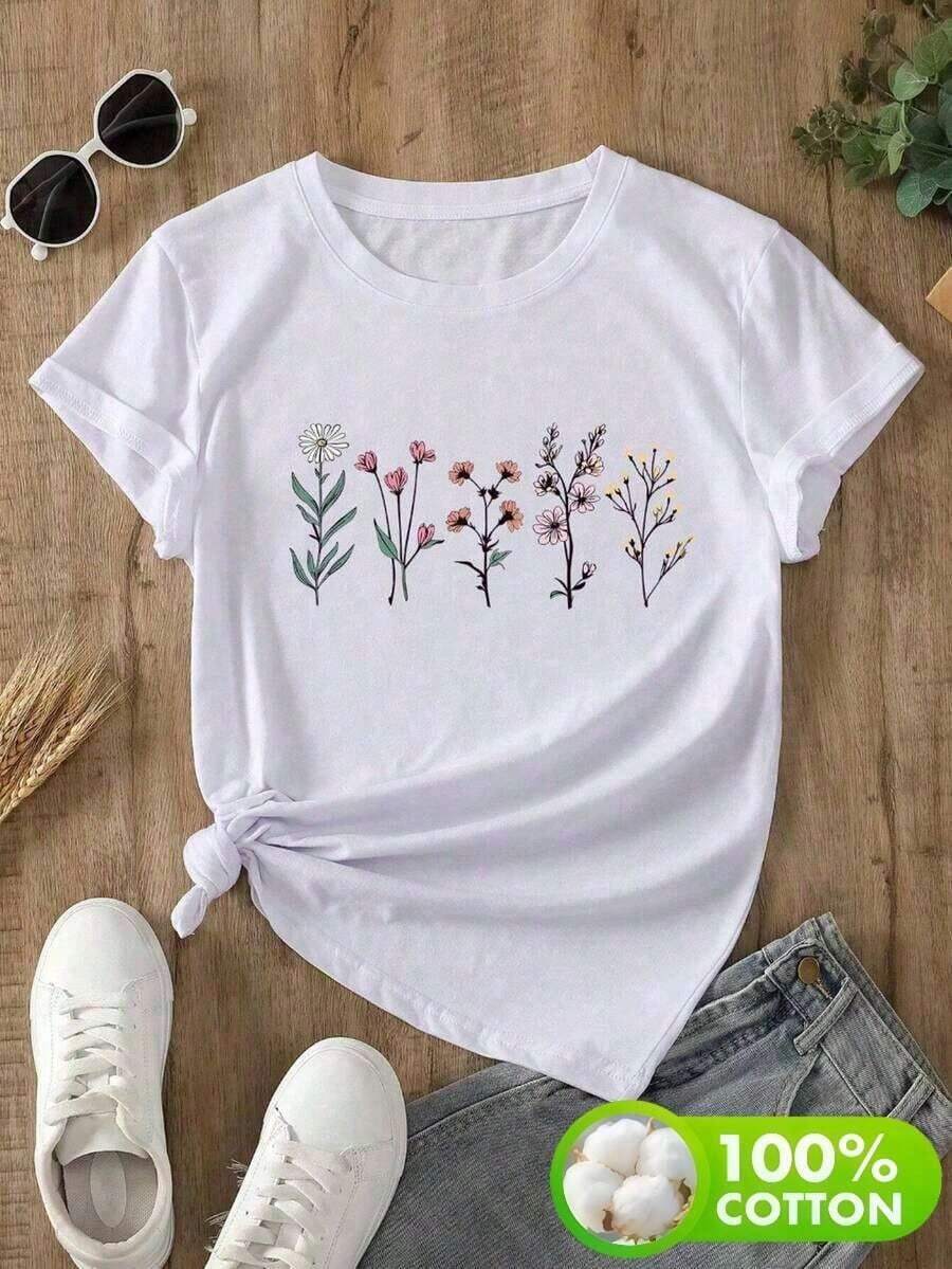 1pscRopa de mujer de talla grande,Camiseta de mujer de cuello redondo con estampado floral100%cotton100% Cotton100% Cotton100% Cotton - Blanco - Ver 1