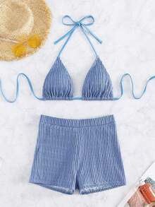 2 piezas Conjunto de bikini de unicolor con textura, tipo halter, adecuado para vacaciones de verano en la playa - Azul - Ver 5