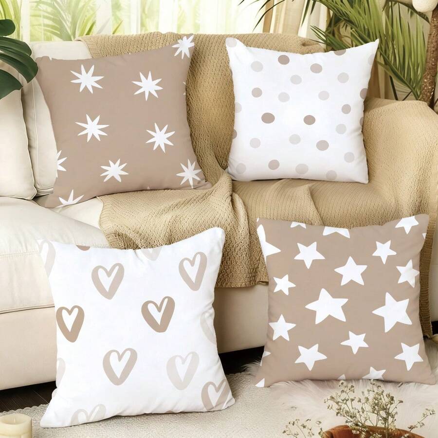 MEMNUN 4pcs Milk Tea Watercolor Graffiti Heart Star Print Pillow Case Covers, Polyester Fabric Single-Sided Printing, 17.7*17.7in(45*45cm)/19.69*19.69in(50*50cm)/15.75*15.75in(40*40cm), Suitable For Home Decor, Living Room Sofa Cushions, All Seasons, Gift - Multicolor - View 1
