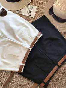 Conjunto de 3 piezas de pantalones cortos a cuadros en blanco y negro para uso casual/empresarial (sin cinturón) - Multicolor 4 - Ver 2