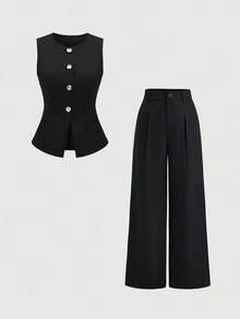 Sweetro Conjunto a juego de chaleco negro de una hilera y pantalones de pierna ancha con fruncidos - Negro - Ver 7
