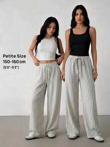 Pantalones casuales anchos de pierna ancha con cintura de corbata y rayas para mujer - Azul y blanco - Ver 9