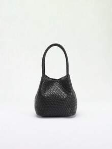 SCULPTEDSTYLE BAGS 1個裝高級女款純色PU壓紋編織格紋手提水桶包，百搭編織紋理翼形手提包，時尚簡約優雅多功能經典編織PU材質多風格包款，適合通勤、辦公、約會、日常購物、下午茶等場合 - 黑色 - 查看 4