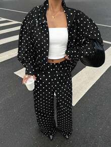 Conjunto de 2 piezas de chaqueta de manga farol con estampado de lunares y pantalones de pierna ancha, para mujer, estilo casual, para primavera/otoño - Blanco y Negro - Ver 7