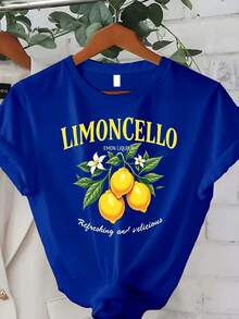 Lemon Liqueur Print T-Shirt - 100% Casual Summer T-Shirt With Lemon Print, Lemon Liqueur And Lemon Slice Design, Comfortable, Loose Fit, Round Neck And Short Sleeve, Black, Suitable For Italian Liqueur Lovers, Spring/Autumn Casual Wear, Autumn Clothing, Spring Fashion, Citrus Print, Lightweight T-Shirt, Breathable Fabric, Printed T-Shirt For Women. - 藍色 - 查看 4