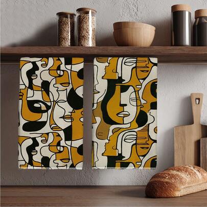 2pcs Abstract Yellow Line Face Print Kitchen Towels, 15.75*23.62in(40*60cm) Super Soft Microfiber Polyester Dish Towels, Hand Towels, Dish Cloths, Home Decor, Kitchen Decor, Machine Washable Cleaning Supplies, Suitable For Dining Room, Kitchen, Bathroom, Home Decoration And Gifts, All Seasons