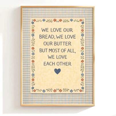 1pc Framed/Unframed Vintage Blue Gingham Floral Bread Butter Quote Rustic Canvas Poster Cozy Cottagecore Kitchen Sign Wall Art Print Farmhouse Aesthetic Decor Scroll Painting For Apartment,Living Room,Bedroom,Modern Home Decoration